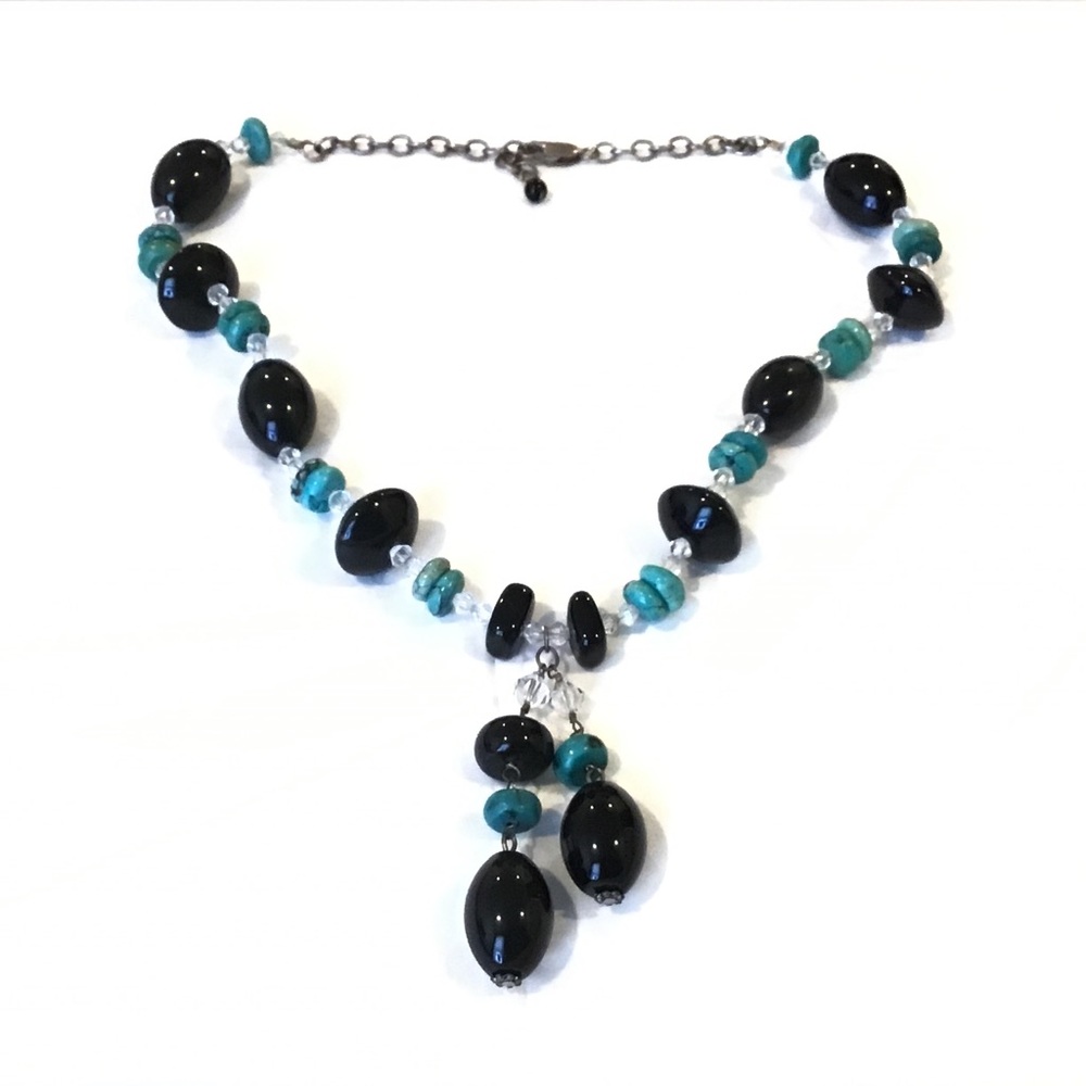 Sterling Silver Black Onyx Turquoise & Crystal Beaded Necklace 17" Long